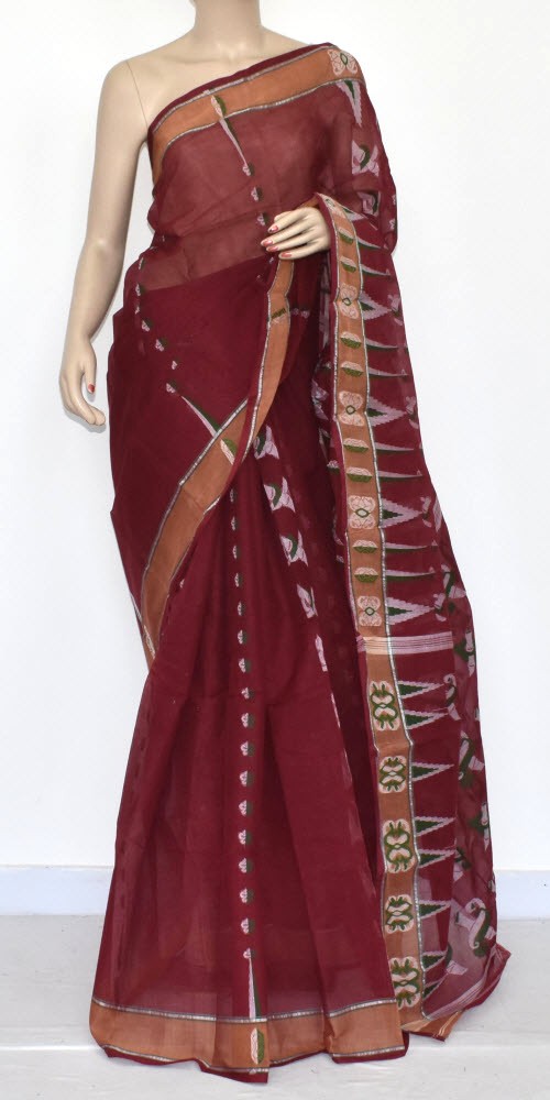 Maroon Handloom Tant Cotton Saree