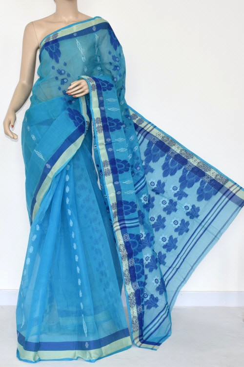 Sky Blue Handloom Tant Cotton Saree