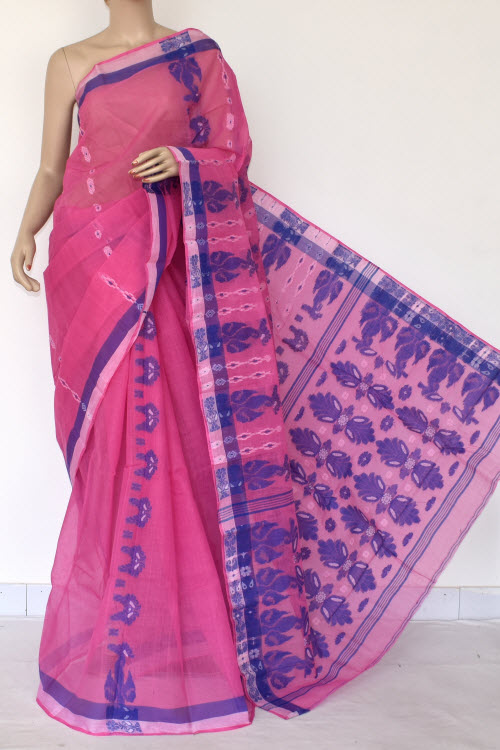 Pink-Royal Blue Handloom Tant Cotton Saree