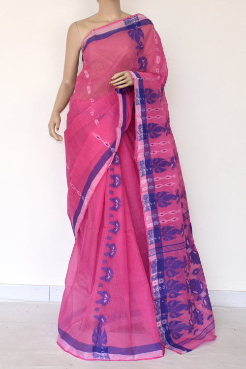 Pink-Royal Blue Handloom Tant Cotton Saree