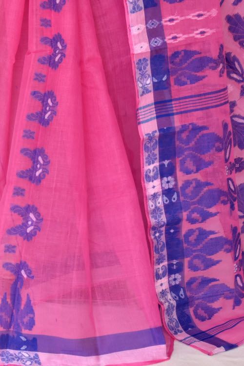Pink-Royal Blue Handloom Tant Cotton Saree