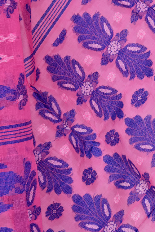 Pink-Royal Blue Handloom Tant Cotton Saree