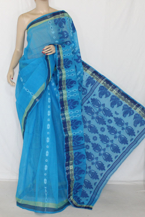 Pherozi Blue Handloom Tant Cotton Saree
