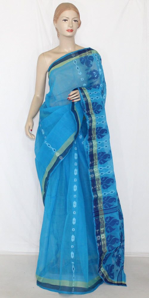 Pherozi Blue Handloom Tant Cotton Saree