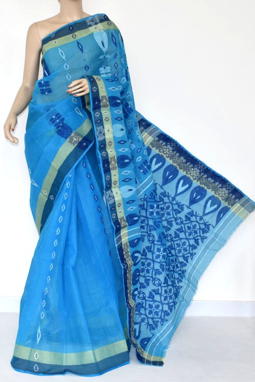 Pherozi Blue Handloom Tant Cotton Saree