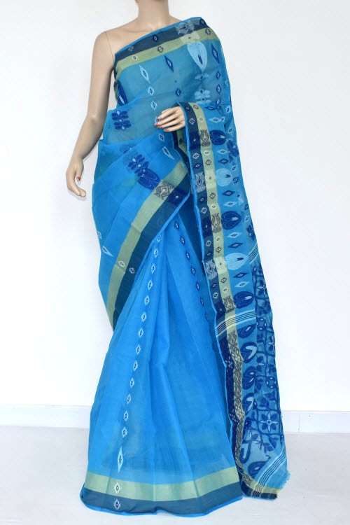 Pherozi Blue Handloom Tant Cotton Saree