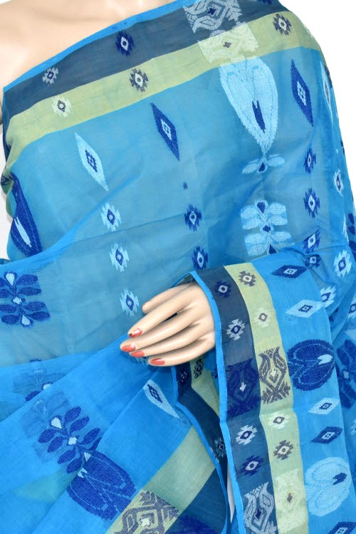 Pherozi Blue Handloom Tant Cotton Saree