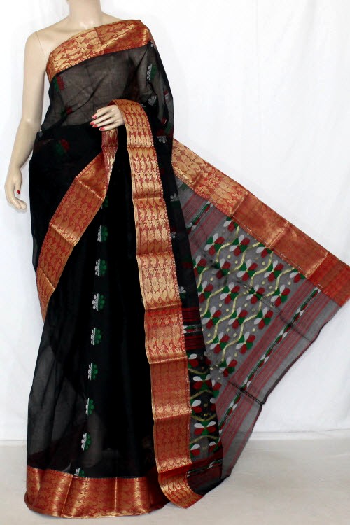Black-Red Handloom Tant Cotton Saree 14110
