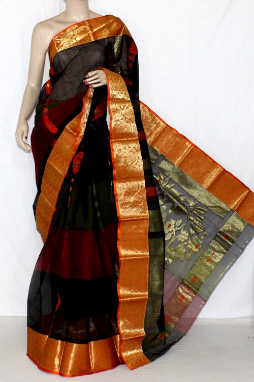 Black-Orange Handloom Tant Cotton Saree 14116