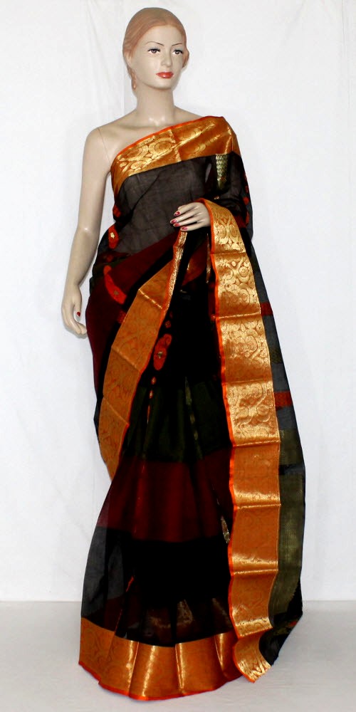Black-Orange Handloom Tant Cotton Saree 14116