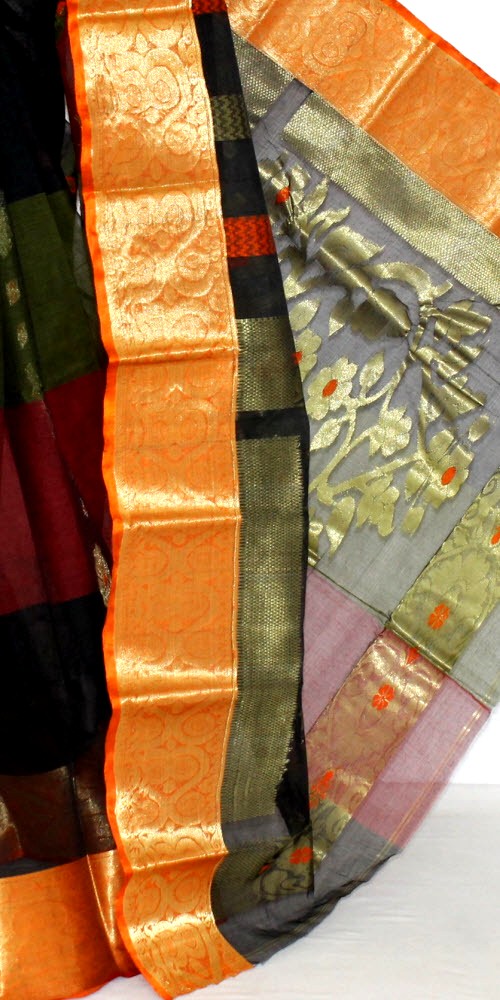 Black-Orange Handloom Tant Cotton Saree 14116