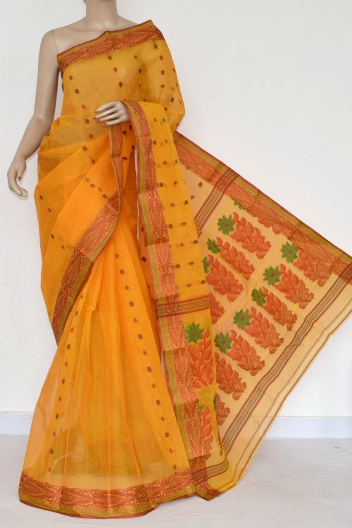 Turmeric Yellow Handloom Tant Cotton Saree 14148