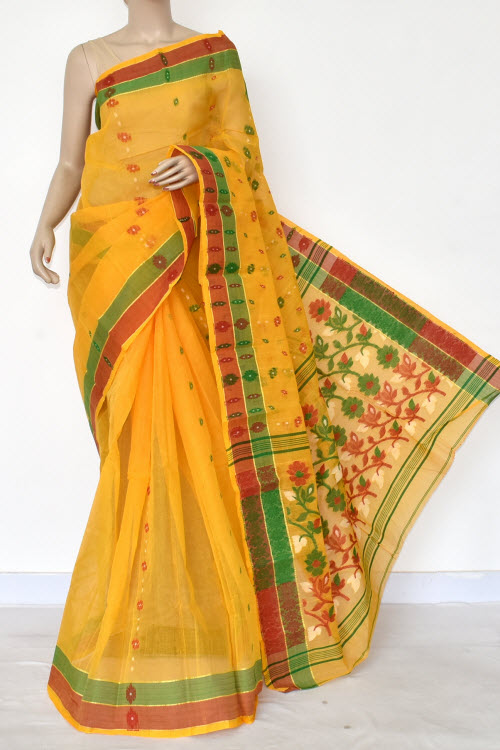 Golden Yellow Handloom Tant Cotton Saree 14180