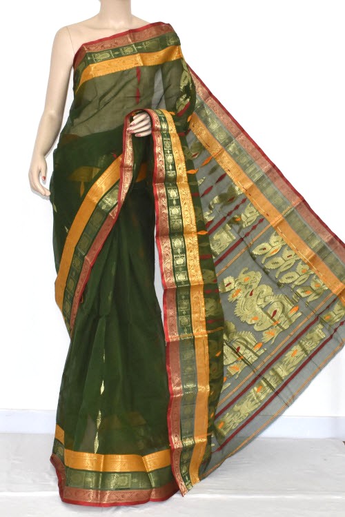 Bottle Green Handloom Tant Cotton Saree 14189