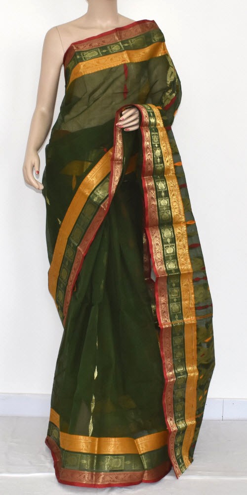 Bottle Green Handloom Tant Cotton Saree 14189