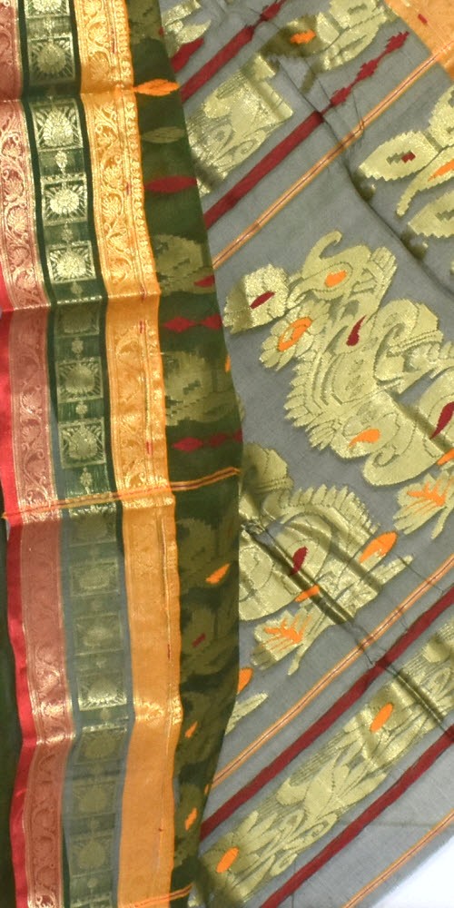 Bottle Green Handloom Tant Cotton Saree 14189
