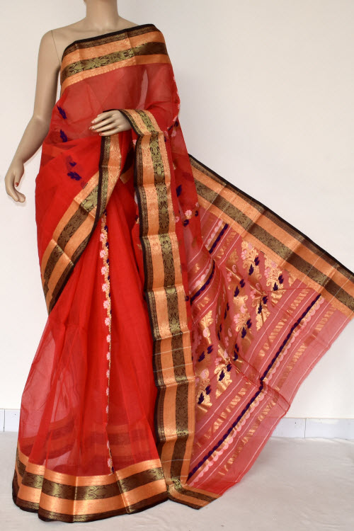 Red Handwoven Tant Cotton Saree 14196