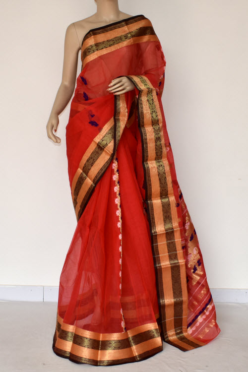Red Handwoven Tant Cotton Saree 14196