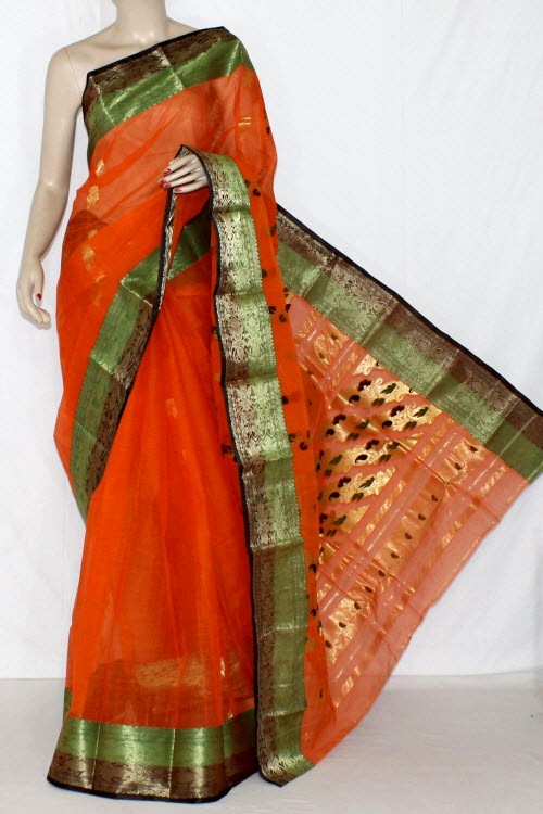 Orange Handwoven Tant Cotton Saree 14198