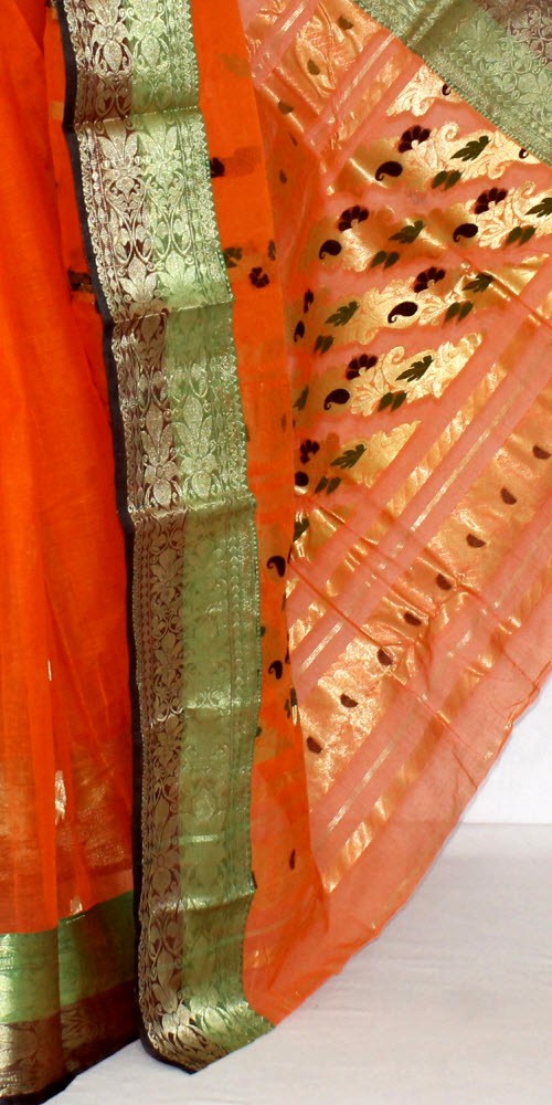 Orange Handwoven Tant Cotton Saree 14198