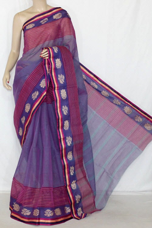 Greyish Purple Handwoven Tant Cotton Saree 14233