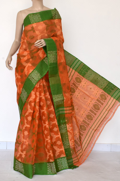 Orange-Green Handlwoven Jamdani Tant Cotton Saree 14285
