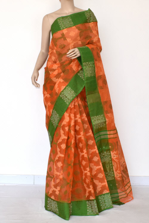 Orange-Green Handlwoven Jamdani Tant Cotton Saree 14285