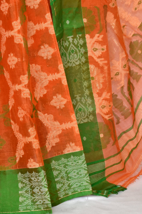 Orange-Green Handlwoven Jamdani Tant Cotton Saree 14285