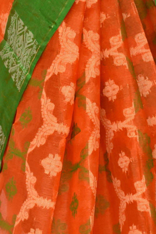 Orange-Green Handlwoven Jamdani Tant Cotton Saree 14285