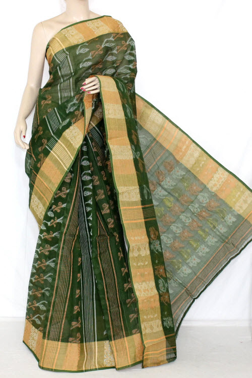 Bottle Green Handlwoven Jamdani Tant Cotton Saree 14287