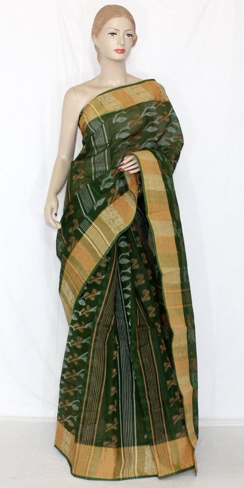 Bottle Green Handlwoven Jamdani Tant Cotton Saree 14287