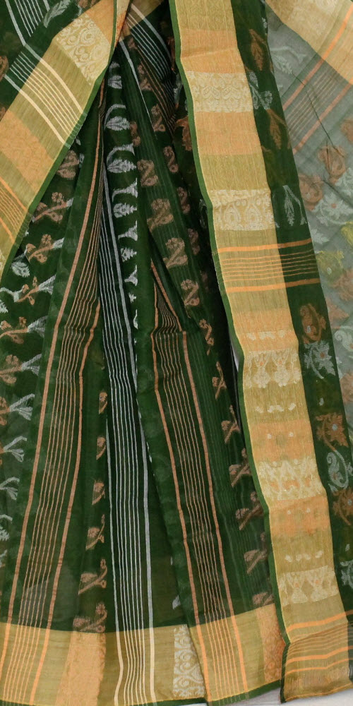 Bottle Green Handlwoven Jamdani Tant Cotton Saree 14287