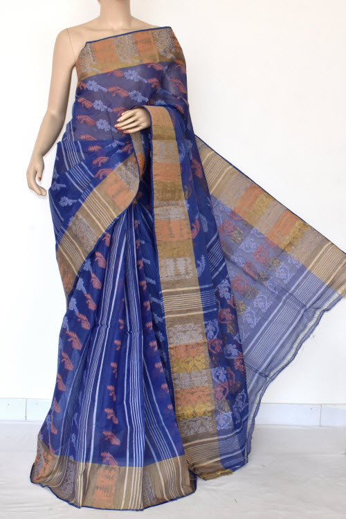 Blue Handlwoven Jamdani Tant Cotton Saree 14288