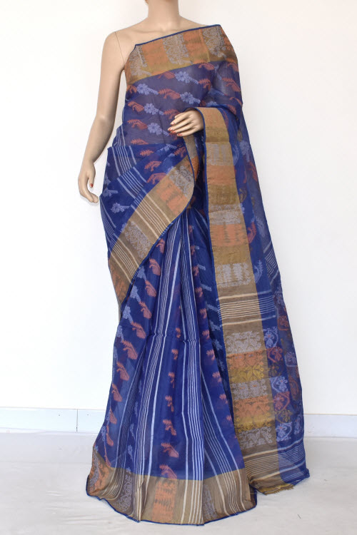 Blue Handlwoven Jamdani Tant Cotton Saree 14288