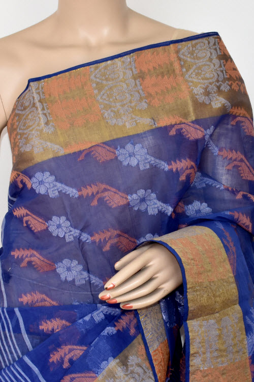 Blue Handlwoven Jamdani Tant Cotton Saree 14288
