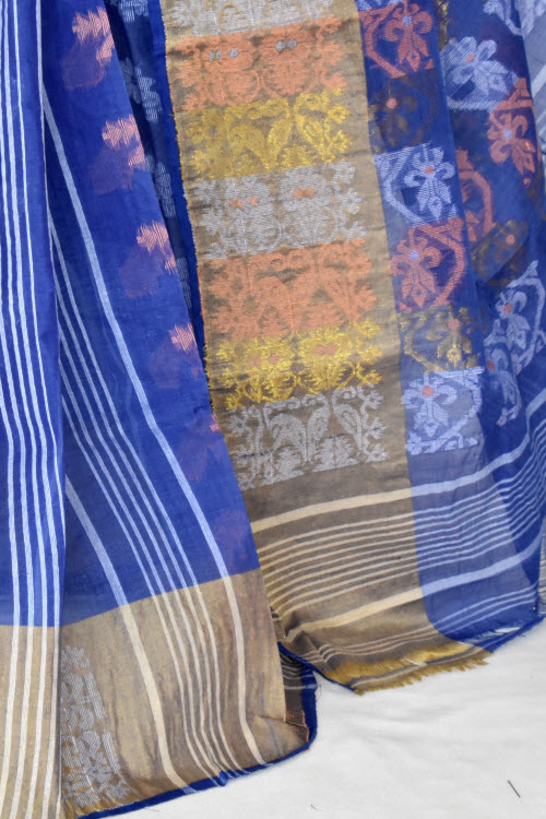 Blue Handlwoven Jamdani Tant Cotton Saree 14288