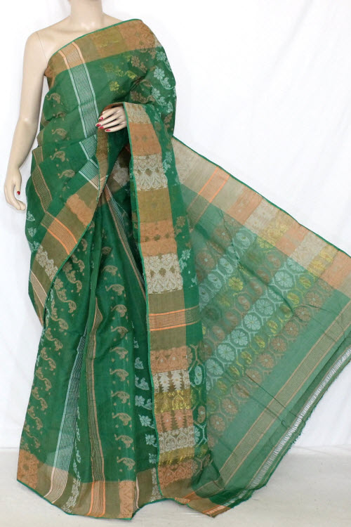 Green Handlwoven Jamdani Tant Cotton Saree 14291