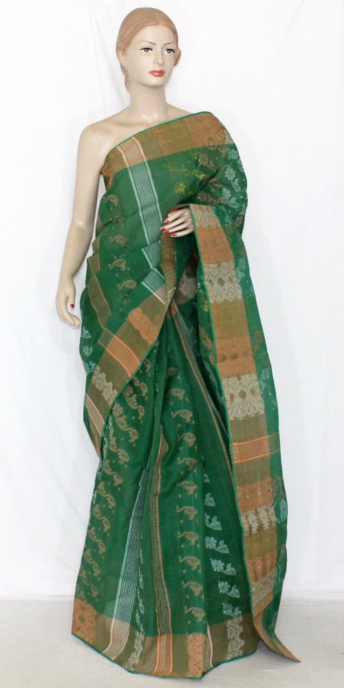 Green Handlwoven Jamdani Tant Cotton Saree 14291