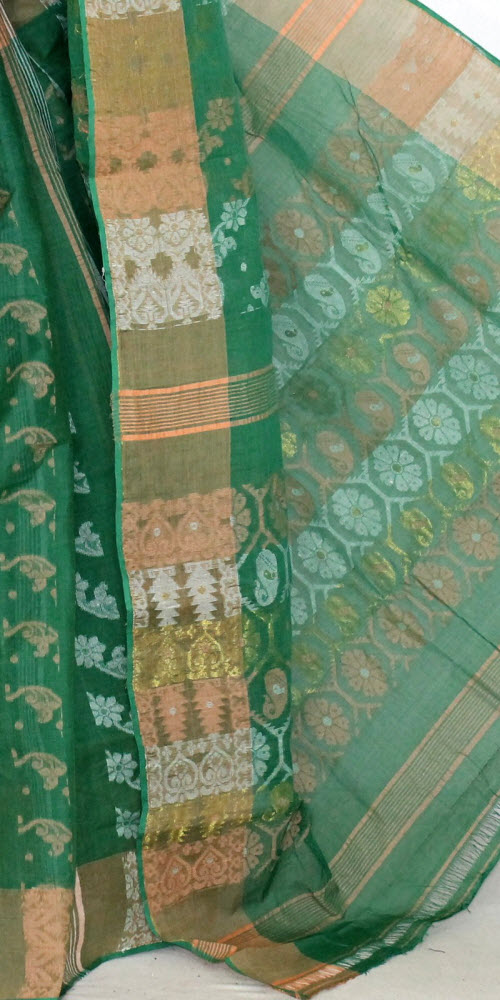 Green Handlwoven Jamdani Tant Cotton Saree 14291