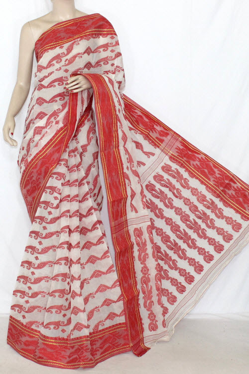 Red Handlwoven Jamdani Tant Cotton Saree 14294