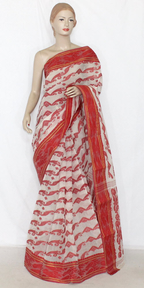 Red Handlwoven Jamdani Tant Cotton Saree 14294