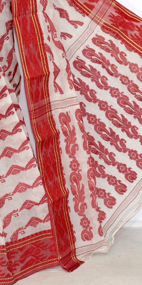 Red Handlwoven Jamdani Tant Cotton Saree 14294