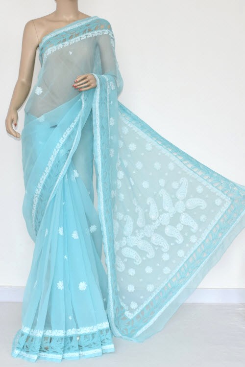 Powder Blue Hand-Embroidered Chikankari Georgette Saree