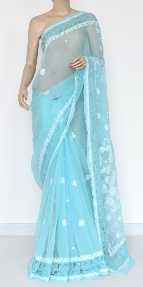 Powder Blue Hand-Embroidered Chikankari Georgette Saree