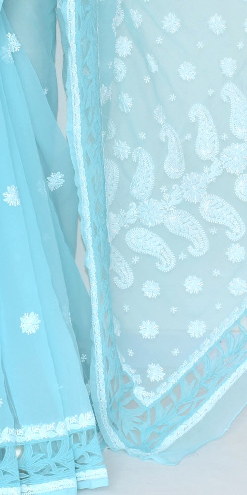 Powder Blue Hand-Embroidered Chikankari Georgette Saree