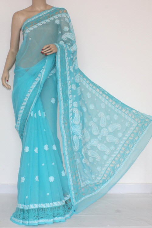 Sky Blue Hand-Embroidered Chikankari Georgette Saree