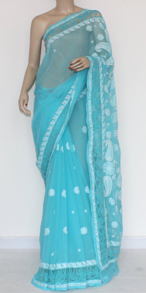 Sky Blue Hand-Embroidered Chikankari Georgette Saree
