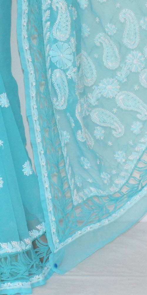 Sky Blue Hand-Embroidered Chikankari Georgette Saree