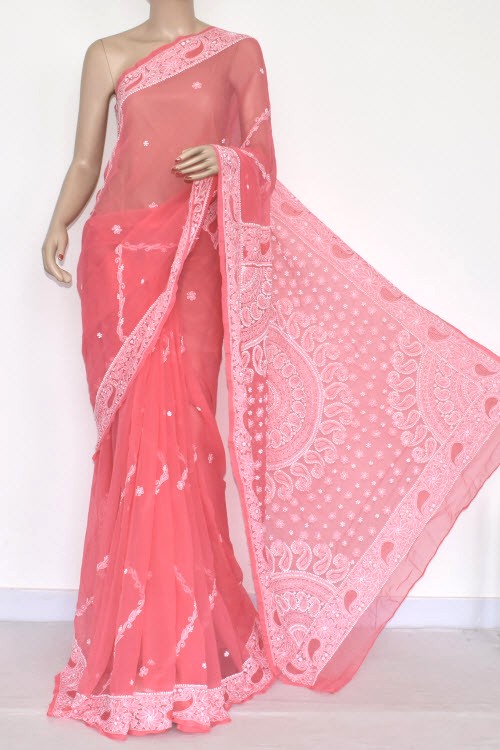 Peach Hand-Embroidered Chikankari Georgette Saree