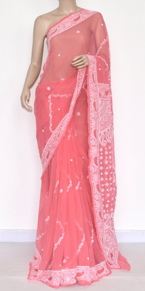 Peach Hand-Embroidered Chikankari Georgette Saree